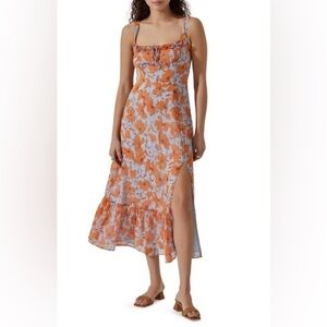 Bridgerton Vibe Orange Floral Midi Dress with Side Slit
